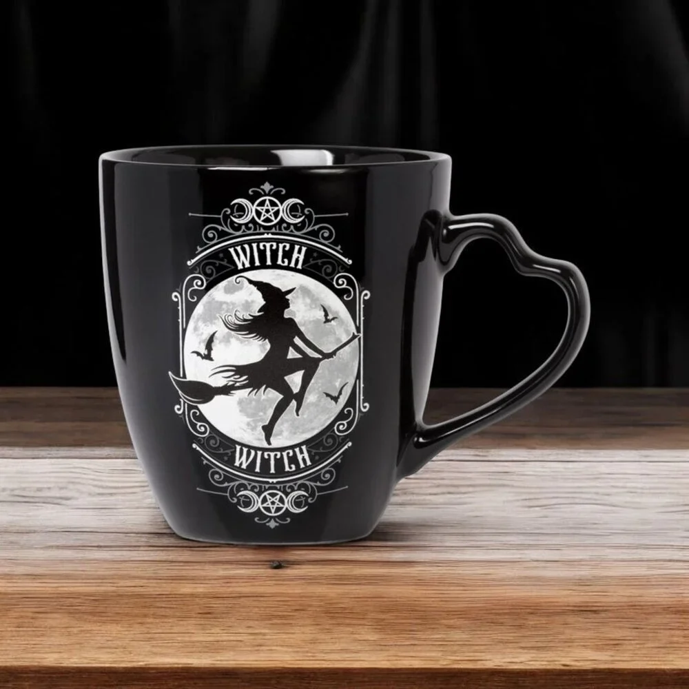 Alchemy Gothic ✦ Witch & Warlock Mug Set ✦ Black Fine Bone China Moon & Bat NWT